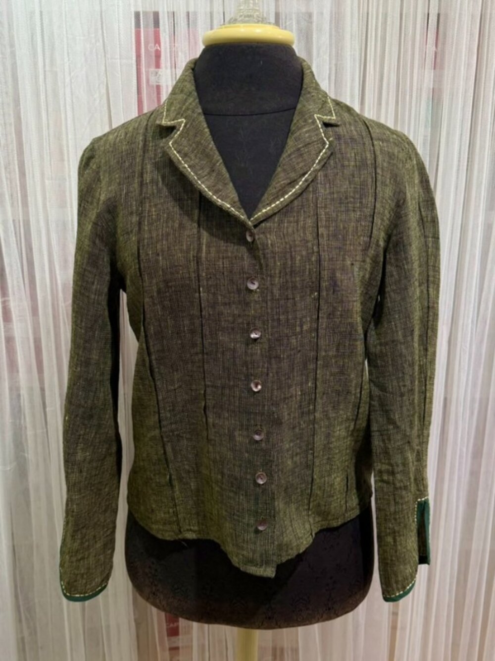 Karavan 100% Linen Button Front Jacket Green Long Sleeve Women’s Small Artsy